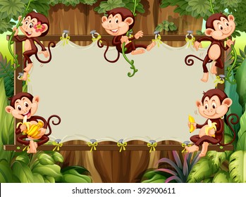 Frame design with monkeys in the woods illustration