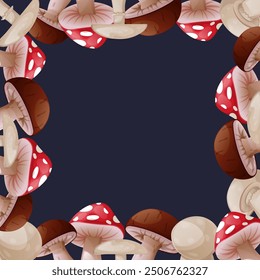 Frame design on a dark background with mushrooms. Porcini mushroom, champignon, fly agaric. An excellent frame for the design of posts, posters, posters