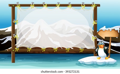 Frame design with penguin on iceberg illustration