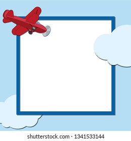 Frame for design with red retro biplane aircraft and clouds. Vector illustration