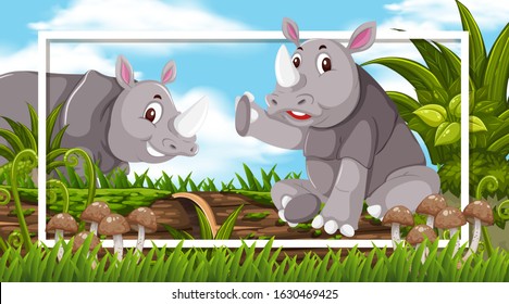 Frame design with rhinos in the woods background illustration