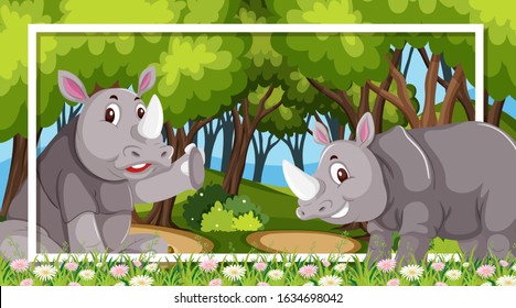 Frame design with rhinos in the woods background illustration