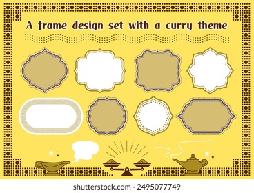 Frame design set inspired by curry, India, and Asia: decorations, titles, frames, ornaments, illustrations, food