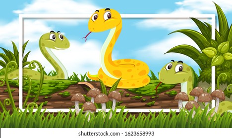 Frame design with snakes in the woods background illustration