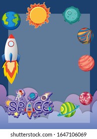 Frame design template with spaceship flying in the space illustration