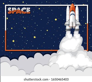 Frame design template with spaceship flying in the space illustration
