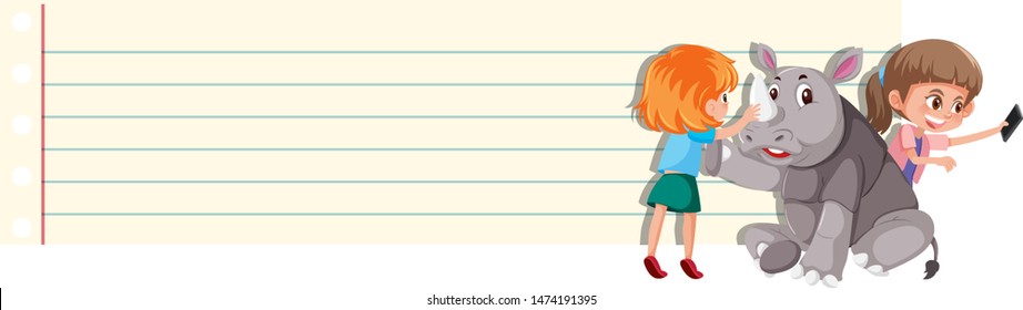 Frame design template with two girls and rhino illustration