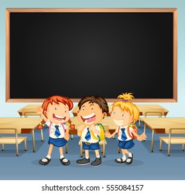Frame-Design mit drei Schülern in der Klassenillustration