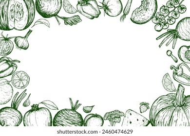 Frame design of vegetables and fruits set. Vegetarian sketch, hand drawn illustration. Harvesting, vegetarianism. Green Banner of Healthy food, proper nutrition.