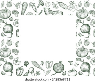 Frame design of vegetarian set. Vegetables sketch, hand drawn illustration. Harvesting, vegetarianism. Banner of Healthy food, proper nutrition.