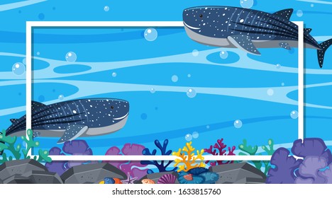 Frame design with whalesharks swimming in the ocean illustration