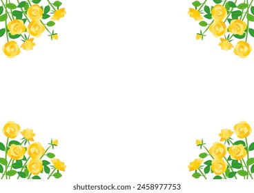 Frame design of yellow rose flowers in the four corners. Vector illustration. The blank space in the middle is text space. White background.