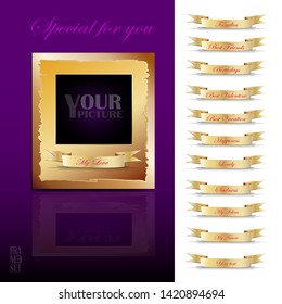 frame design for your favorite pictures, gold color with twelve ribbon sets as your picture captions