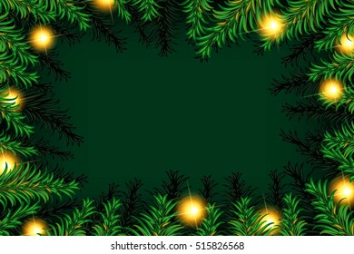 Frame of detailed Christmas tree branches on isolated background, vector illustration