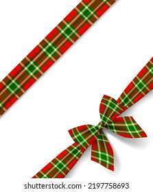 Frame of diagonal ribbon and bow in tartan style ornament isolated on white background. Gift package and Christmas and New Year greeting card. Vector 
illustration