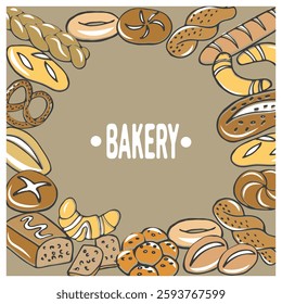 Frame of different bakery products, bread, croissants, pie. Bakery menu. Flat hand drawn illustration