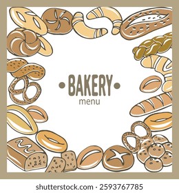 Frame of different bakery products, bread, croissants, pie. Bakery menu. Flat hand drawn illustration