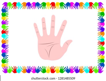 Frame different colors handprints. Flat style vector Illustration