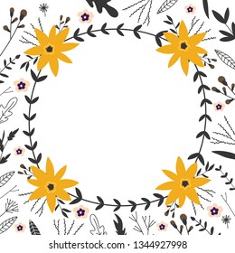 Frame of different flowers, leaves and florals. Hand drawn elements, vector illustration for print. 