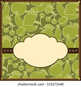 Frame of different fruits. Banana, apple, cherry, orange, lemon,