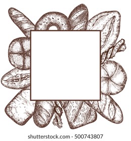Frame with different kinds of bread. Hand drawn baguettes, loafs, bagels and others, in vintage retro engraving style. Detailed sketch illustration. Isolated on white background. 