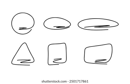 Frame of different shapes for text, hand drawn doodle line set. Scribble of circle, oval, triangle, square, rectangle. Highlight and underline text. Drawn black line sketch. Vector elements isolated