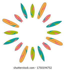 Frame from different surfboards. Surf set: shortboard, fish, gun, longboard. Isolated objects on a white background. Image for decor and design. Decoration. Copy space.