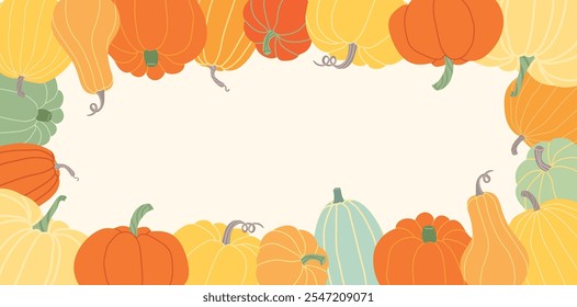 Frame of different types of pumpkins with space for text in the middle. Bright autumn template for Thanksgiving, Halloween, harvest season, invitations, advertisement, banner