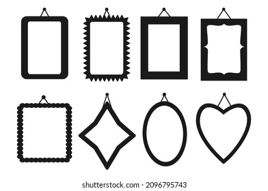 Frame in different variations of the set. Decoration simple style house, walls, rooms. Silhouette and linear black objects. Collection of frames for a photo. Stylish cozy home. Vector illustration