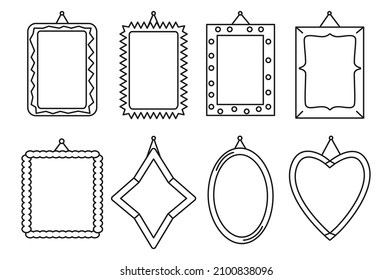 Frame in different variations of the set. Decoration simple style house, walls, rooms. Silhouette and linear black objects. Collection of frames for a photo. Stylish cozy home. Vector illustration