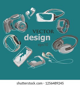 frame with digital devices, virtual reality glasses, smartphone, camera, portable headphones, smart watches, fitness watches, dudling hand-drawing, labels, icons, copy space, vector eps 10