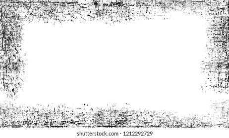 Frame with Distressed Black and White Scattered Grunge Texture. Distressed Grungy Border Design. Frame with Overlay Rust Metal Texture. Plaster, Ink Paint Pop Art Design Background.