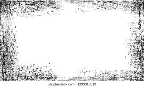 Frame with Distressed Black and White Scattered Grunge Texture. Cartoon Cracked Noisy Surface Border. Frame with Dirty Cracked Wall Texture. Monochrome Print Design Shape.
