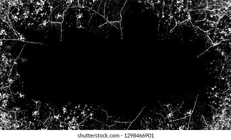 Frame with Distressed Black and White Scattered Grunge Texture. Distressed Grungy Border Design. Frame with Overlay Rust Metal Texture. Plaster, Ink Paint Banner Design Background.