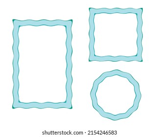 Frame, doodle border Set. Hand drawn paint brush wave line stroke, blue marine tones color. Circle wreath, square, rectangle geometric shapes. Empty frame for text space. Vector illustration