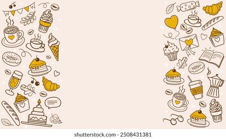 Frame doodle coffee shop. Cafe Set hand drawn elements. Sweet doodles with coffee, tea, latte, cappuccino, cakes, dessert, cream, bagels, donuts, chocolate, sweets, cake, ice cream, caramel. Vector
