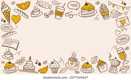 Frame Doodle coffee shop pattern. Cafe Set hand drawn elements. Sweet doodles with coffee, tea, latte, cappuccino, cakes, dessert, cream, bagels, donuts, chocolate, sweets, cake, ice cream . Vector