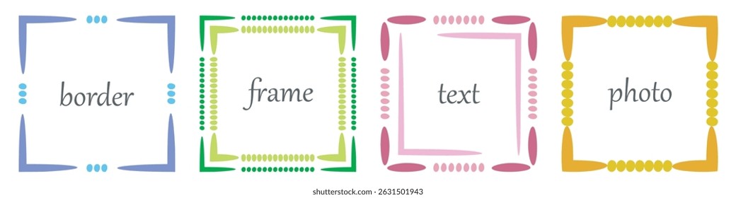 Frame, doodle dot edge border Set. Hand drawn paint brush  line stroke, blue pink green multicolor background. Square geometric outline shape. Text copy space. Fun cute modern vector illustration