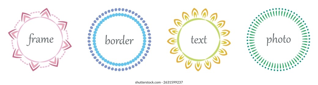 Frame, doodle dot edge border Set. Hand drawn paint brush  line stroke, blue pink green multicolor background. Circle geometric outline shape. Text copy space. Fun cute modern vector illustration