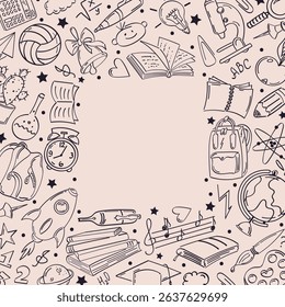 Frame with doodle drawings on the topic of education. Square background, monochrome colors, copy space.