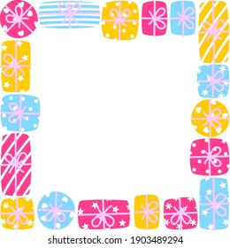 Frame with doodle gift boxes isolated on white background - gifts in wrapping paper with ornament for holiday greeting card design