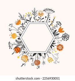 Frame with doodle hand drawn herbs and flowers in Scandinavian Style. Cartoon vector isolated illustration