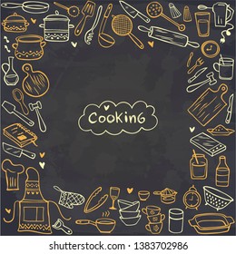 Frame from doodle kitchen tools on chalkboard. Vector illustration. Perfect for wallpaper, pattern fills, textile, web page background, surface textures.