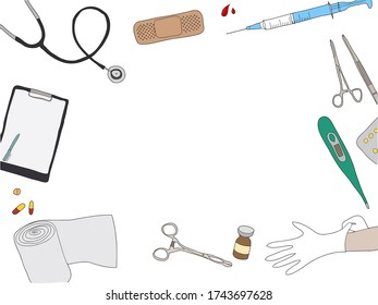 Frame of doodle medical tools. Vector Illustration