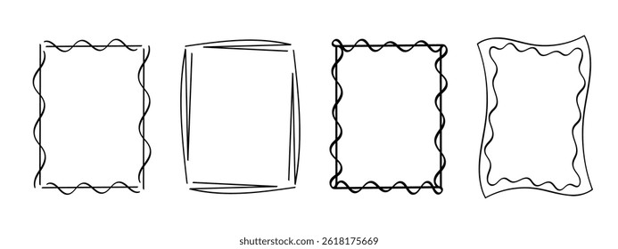 Frame doodle rectangular stamp, hand-drawn wavy curly monograms. Edgings and cadres with simple sketchy scribble swirl design elements. Isolated. Vector illustration.
