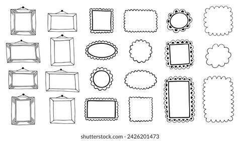 Conjunto de garabatos de marco, ilustración de arte de línea vectorial. Elementos vintage para la decoración de fotos, imágenes o texto. Borde ornamental negro