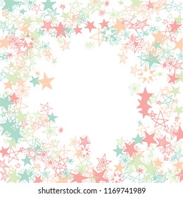 Frame of Doodle Stars. Hand Drawn Holiday Background for Print, Cover, Brochure. Bright Starry Pattern with Simple Freehand Elements. Funny Vector Background for Party Decoration.
