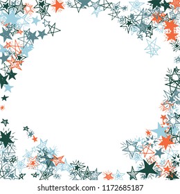 Frame of Doodle Stars. Hand Drawn Christmas Background for Print, Cover, Brochure. Bright Starry Pattern with Simple Freehand Elements. Pretty Vector Background for Party Decoration.