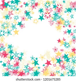Frame of Doodle Stars. Hand Drawn Christmas Background for Card, Poster, Banner. Bright Starry Pattern with Simple Freehand Elements. Cute Vector Background for Party Decoration.