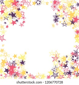 Frame of Doodle Stars. Hand Drawn Holiday Background for Card, Poster, Banner. Bright Starry Pattern with Simple Freehand Elements. Cute Vector Background for Party Decoration.